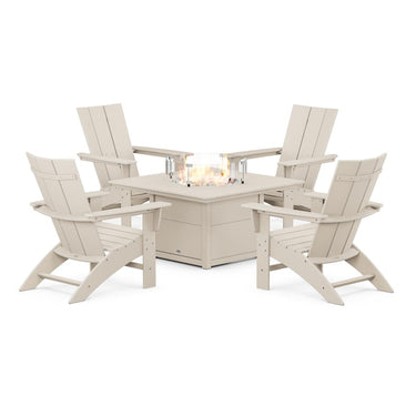 POLYWOOD Modern 5-Piece Curveback Adirondack Conversation Set w/ Fire Pit Table - Sand